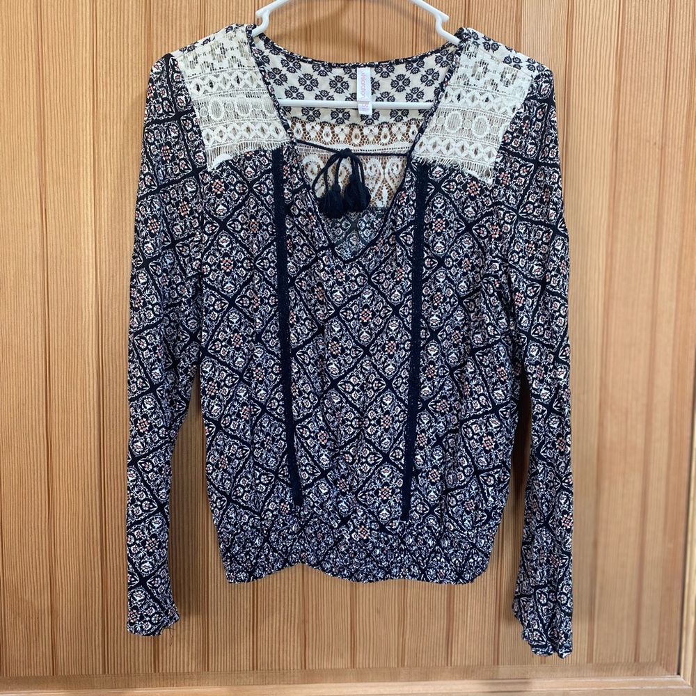 Xhilaration Navy and Ivory Lace-Yoke Tie-Front Blouse - Picture 2 of 6